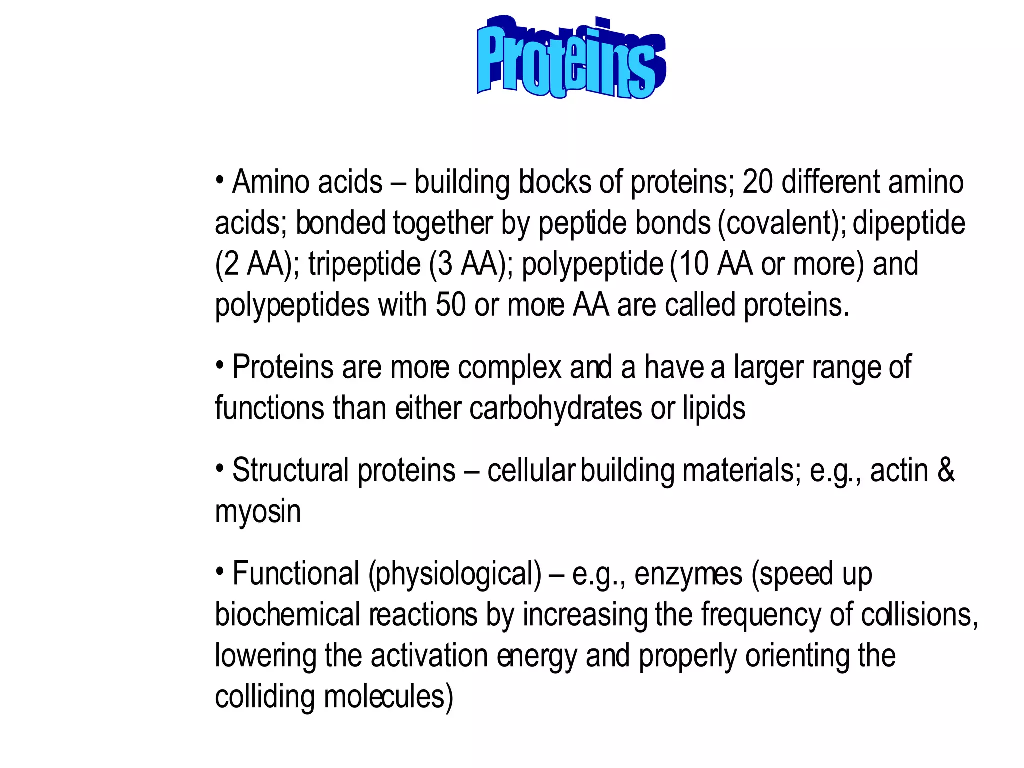 Proteins Amino acids – building blocks of proteins; 20 different amino acids; bonded together by peptide bonds (covalent); dipeptide (2 AA); tripeptide (3 AA); polypeptide (10 AA or more) and polypeptides with 50 or more AA are called proteins.  Proteins are more complex and a have a larger range of functions than either carbohydrates or lipids  Structural proteins – cellular building materials; e.g., actin & myosin  Functional (physiological) – e.g., enzymes (speed up biochemical reactions by increasing the frequency of collisions, lowering the activation energy and properly orienting the colliding molecules) 