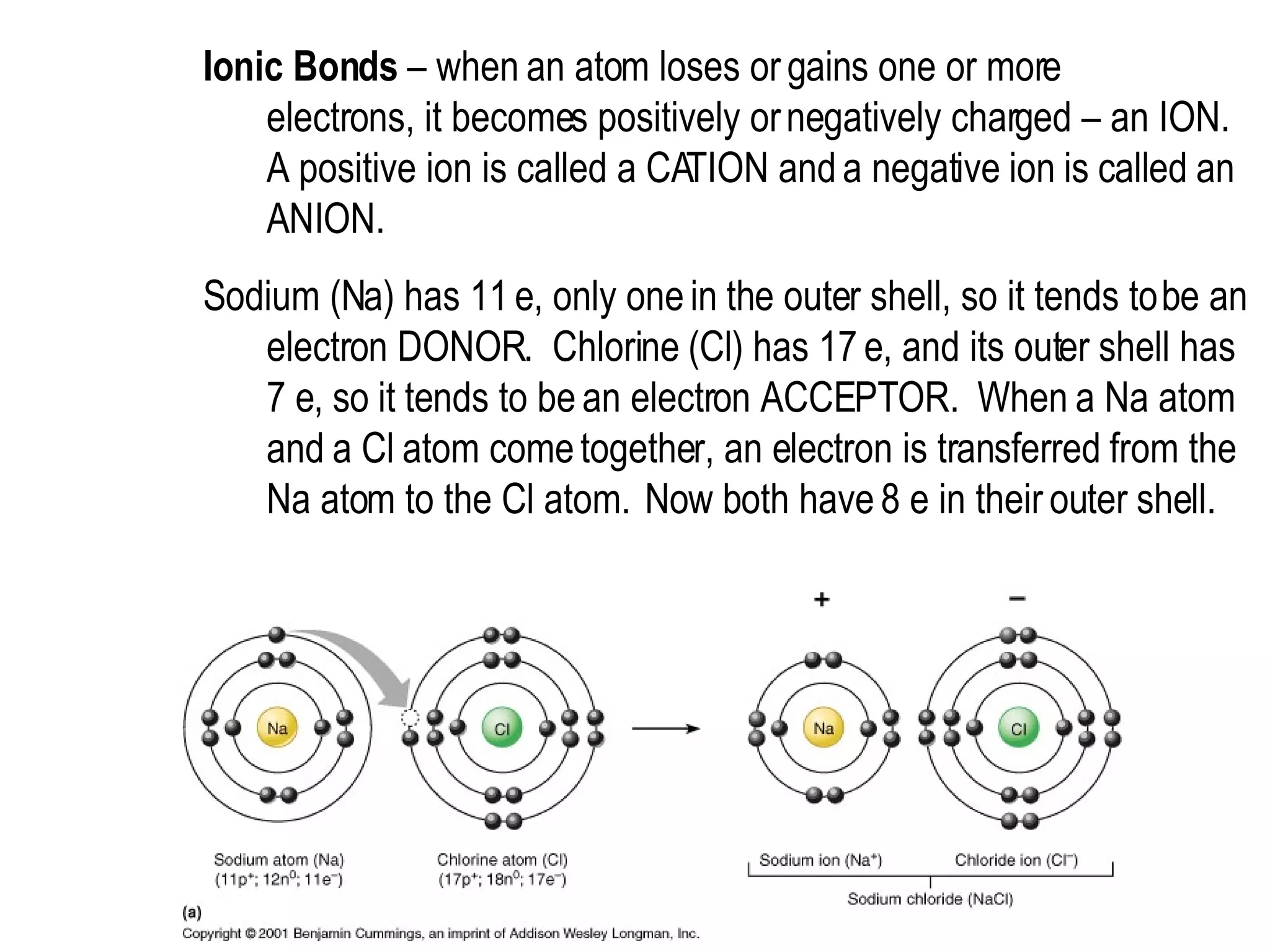 Ionic Bonds  – when an atom loses or gains one or more electrons, it becomes positively or negatively charged – an ION.  A positive ion is called a CATION and a negative ion is called an ANION.  Sodium (Na) has 11 e, only one in the outer shell, so it tends to be an electron DONOR.  Chlorine (Cl) has 17 e, and its outer shell has 7 e, so it tends to be an electron ACCEPTOR.  When a Na atom and a Cl atom come together, an electron is transferred from the Na atom to the Cl atom.  Now both have 8 e in their outer shell. 