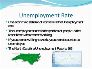 Unemployment Rate One economic statistic of concern is the Unemployment rate The unemployment rate is the portion of people in the labor force who are not working If you are not willing to work, you are not counted as unemployed The North Carolina Unemployment Rate is: 9.5 