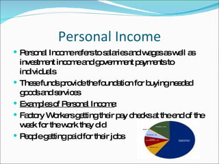 Personal Income Personal Income refers to salaries and wages as well as investment income and government payments to individuals These funds provide the foundation for buying needed goods and services Examples of Personal Income : Factory Workers getting their pay checks at the end of the week for the work they did People getting paid for their jobs 