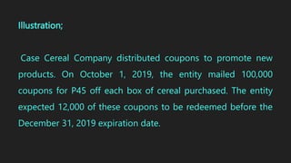Illustration;
Case Cereal Company distributed coupons to promote new
products. On October 1, 2019, the entity mailed 100,000
coupons for P45 off each box of cereal purchased. The entity
expected 12,000 of these coupons to be redeemed before the
December 31, 2019 expiration date.
 