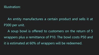 Illustration:
An entity manufactures a certain product and sells it at
P300 per unit.
A soup bowl is offered to customers on the return of 5
wrappers plus a remittance of P10. The bowl costs P50 and
it is estimated at 60% of wrappers will be redeemed.
 