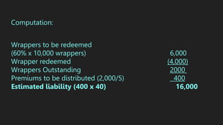 Computation:
Wrappers to be redeemed
(60% x 10,000 wrappers) 6,000
Wrapper redeemed (4,000)
Wrappers Outstanding 2000
Premiums to be distributed (2,000/5) 400
Estimated liability (400 x 40) 16,000
 