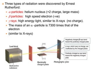  Three types of radiation were discovered by Ernest
Rutherford:
  particles: helium nucleus (+2 charge, large mass)
  particles: high speed electron (-ve)
  rays: high energy light, similar to X-rays (no charge).
 The mass of an  -particle is 7300 times that of the
electron
 (similar to X-rays)
 