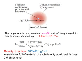 Density of nucleus: 1013–1014 g/cm3
A matchbox full of material of such density would weigh over
2.5 billion tons!
The angstrom is a convenient non-SI unit of length used to
denote atomic dimensions. 1 Å = 1 x 10 –10 m
 
