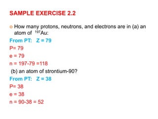 SAMPLE EXERCISE 2.2
 How many protons, neutrons, and electrons are in (a) an
atom of 197Au:
From PT: Z = 79
P= 79
e = 79
n = 197-79 =118
(b) an atom of strontium-90?
From PT: Z = 38
P= 38
e = 38
n = 90-38 = 52
 