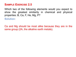 SAMPLE EXERCISE 2.5
Which two of the following elements would you expect to
show the greatest similarity in chemical and physical
properties: B, Ca, F, He, Mg, P?
Solution:
Ca and Mg should be most alike because they are in the
same group (2A, the alkaline earth metals).
 