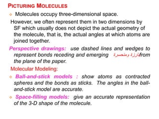 PICTURING MOLECULES
 Molecules occupy three-dimensional space.
However, we often represent them in two dimensions by
SF which usually does not depict the actual geometry of
the molecule, that is, the actual angles at which atoms are
joined together.
Perspective drawings: use dashed lines and wedges to
represent bonds receding and emerging ‫بارزة‬
‫ومنحسرة‬ from
the plane of the paper.
Molecular Modeling:
 Ball-and-stick models : show atoms as contracted
spheres and the bonds as sticks. The angles in the ball-
and-stick model are accurate.
 Space-filling models: give an accurate representation
of the 3-D shape of the molecule.
 