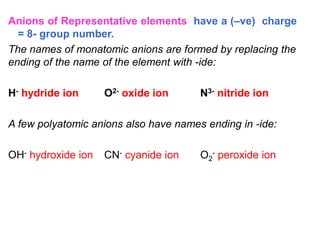 Anions of Representative elements have a (–ve) charge
= 8- group number.
The names of monatomic anions are formed by replacing the
ending of the name of the element with -ide:
H- hydride ion O2- oxide ion N3- nitride ion
A few polyatomic anions also have names ending in -ide:
OH- hydroxide ion CN- cyanide ion O2
- peroxide ion
 