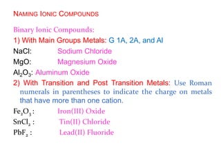 NAMING IONIC COMPOUNDS
Binary Ionic Compounds:
1) With Main Groups Metals: G 1A, 2A, and Al
NaCl: Sodium Chloride
MgO: Magnesium Oxide
Al2O3: Aluminum Oxide
2) With Transition and Post Transition Metals: Use Roman
numerals in parentheses to indicate the charge on metals
that have more than one cation.
Fe2O3 : Iron(III) Oxide
SnCl2 : Tin(II) Chloride
PbF2 : Lead(II) Fluoride
 
