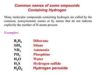 Many molecular compounds containing hydrogen are called by the
common, nonsystematic names or by names that do not indicate
explicitly the number of H atoms present.
Examples:
B2H6 Diborane
SiH4 Silane
NH3 Ammonia
PH3 Phosphine
H2O Water
H2S Hydrogen sulfide
H2O2 Hydrogen peroxide
Common names of some ompounds
Containing Hydrogen
 