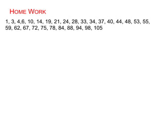 HOME WORK
1, 3, 4,6, 10, 14, 19, 21, 24, 28, 33, 34, 37, 40, 44, 48, 53, 55,
59, 62, 67, 72, 75, 78, 84, 88, 94, 98, 105
 