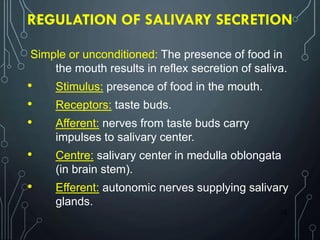 39
REGULATION OF SALIVARY SECRETION
Simple or unconditioned: The presence of food in
the mouth results in reflex secretion of saliva.
• Stimulus: presence of food in the mouth.
• Receptors: taste buds.
• Afferent: nerves from taste buds carry
impulses to salivary center.
• Centre: salivary center in medulla oblongata
(in brain stem).
• Efferent: autonomic nerves supplying salivary
glands.
 