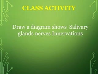 CLASS ACTIVITY
Draw a diagram shows Salivary
glands nerves Innervations
 