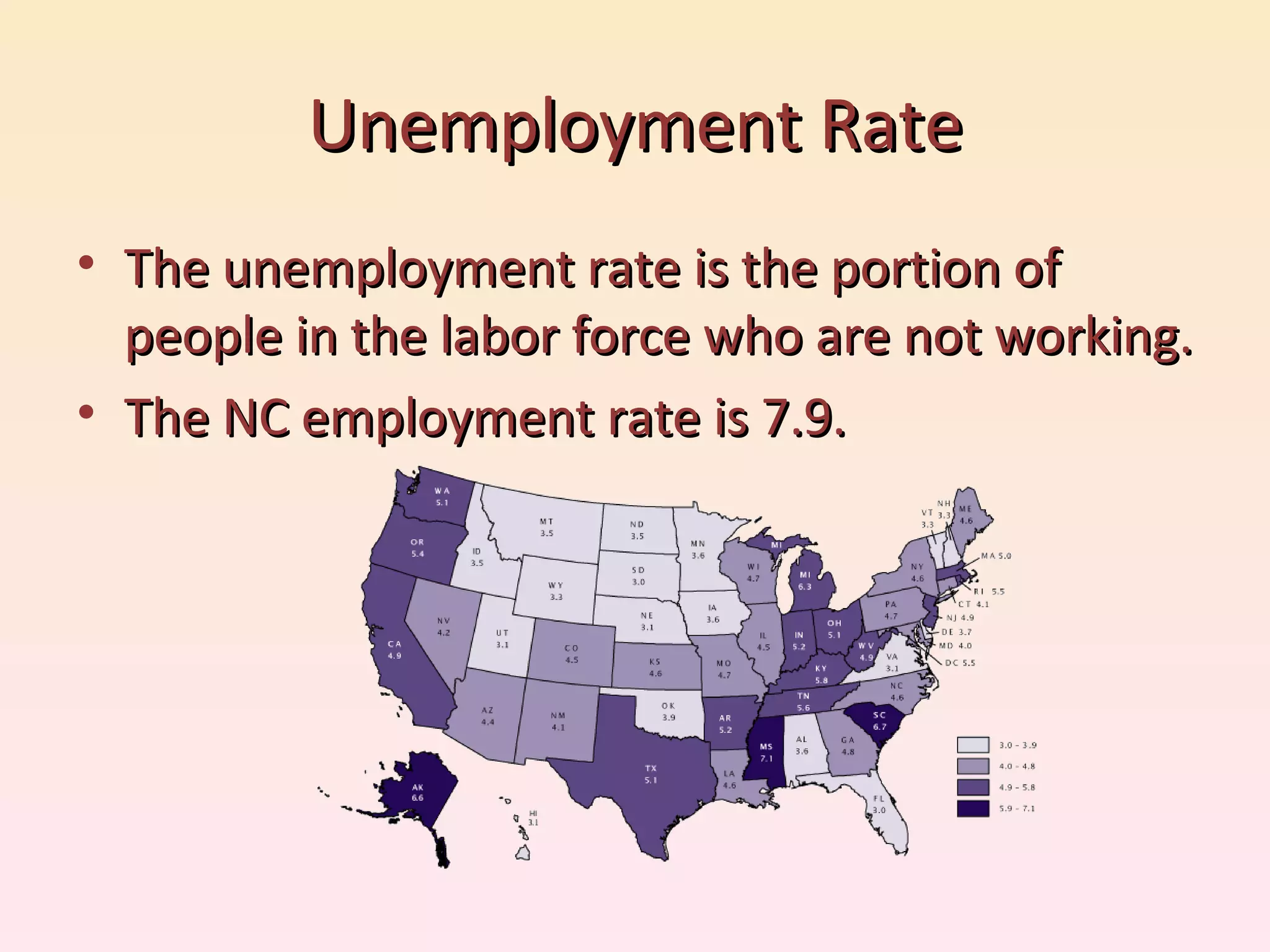Unemployment Rate The unemployment rate is the portion of people in the labor force who are not working.  The NC employment rate is 7.9. 