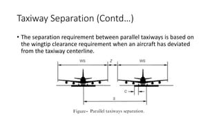 Taxiway Separation (Contd…)
• The separation requirement between parallel taxiways is based on
the wingtip clearance requirement when an aircraft has deviated
from the taxiway centerline.
 
