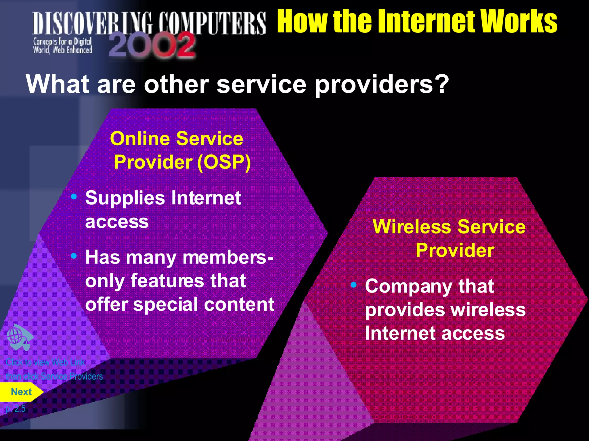 How the Internet Works What are other service providers? Click to view Web Link then click Service Providers p. 2.5 Wireless Service Provider Company that provides wireless Internet access  Online Service Provider   (OSP) Supplies Internet access Has many members- only features that offer special content Next 