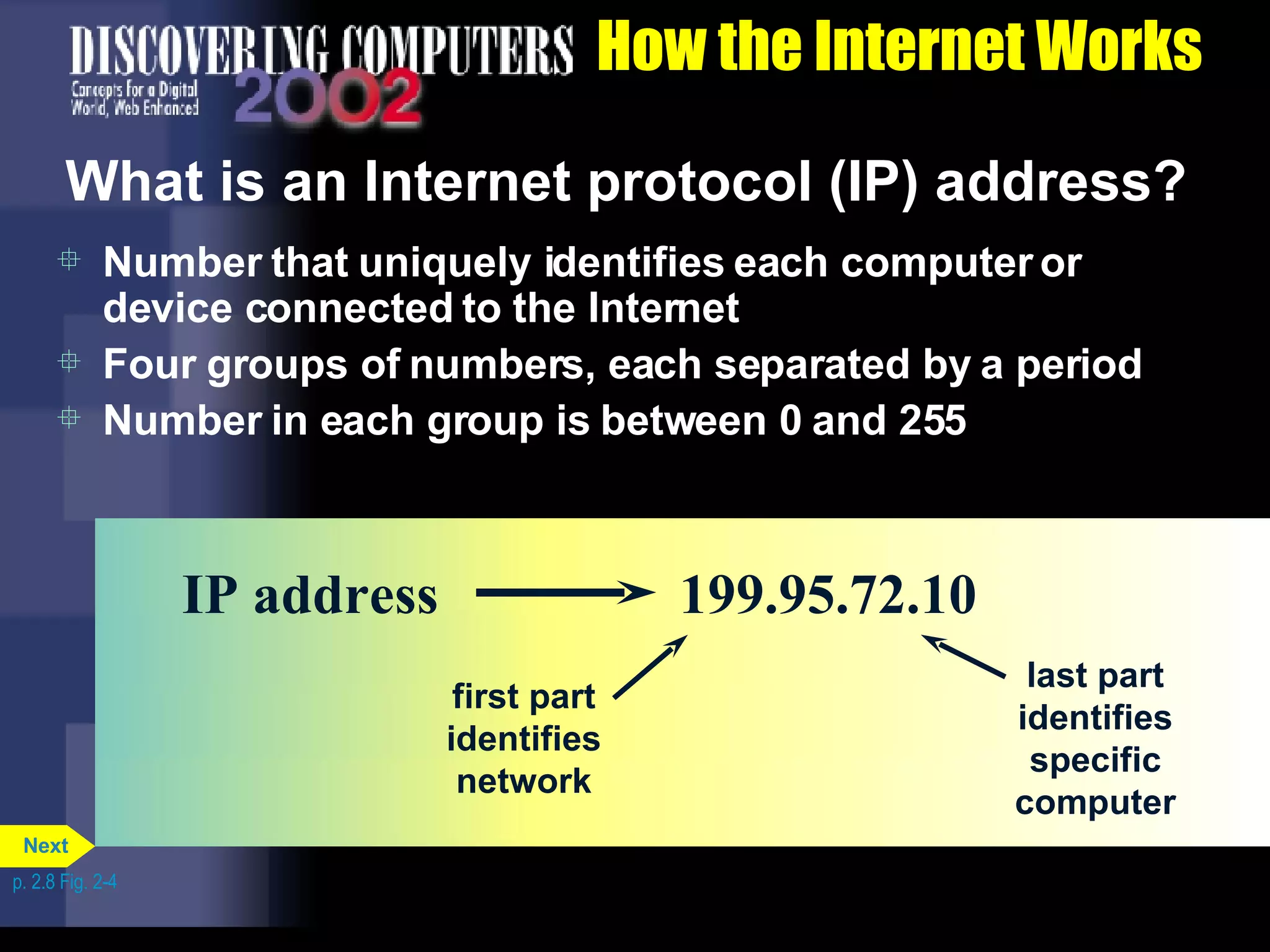 How the Internet Works What is an Internet protocol (IP) address? Number that uniquely identifies each computer or device connected to the Internet Four groups of numbers, each separated by a period Number in each group is between 0 and 255 IP address p. 2.8 Fig. 2-4 199.95.72.10 first part identifies network last part identifies specific computer Next 