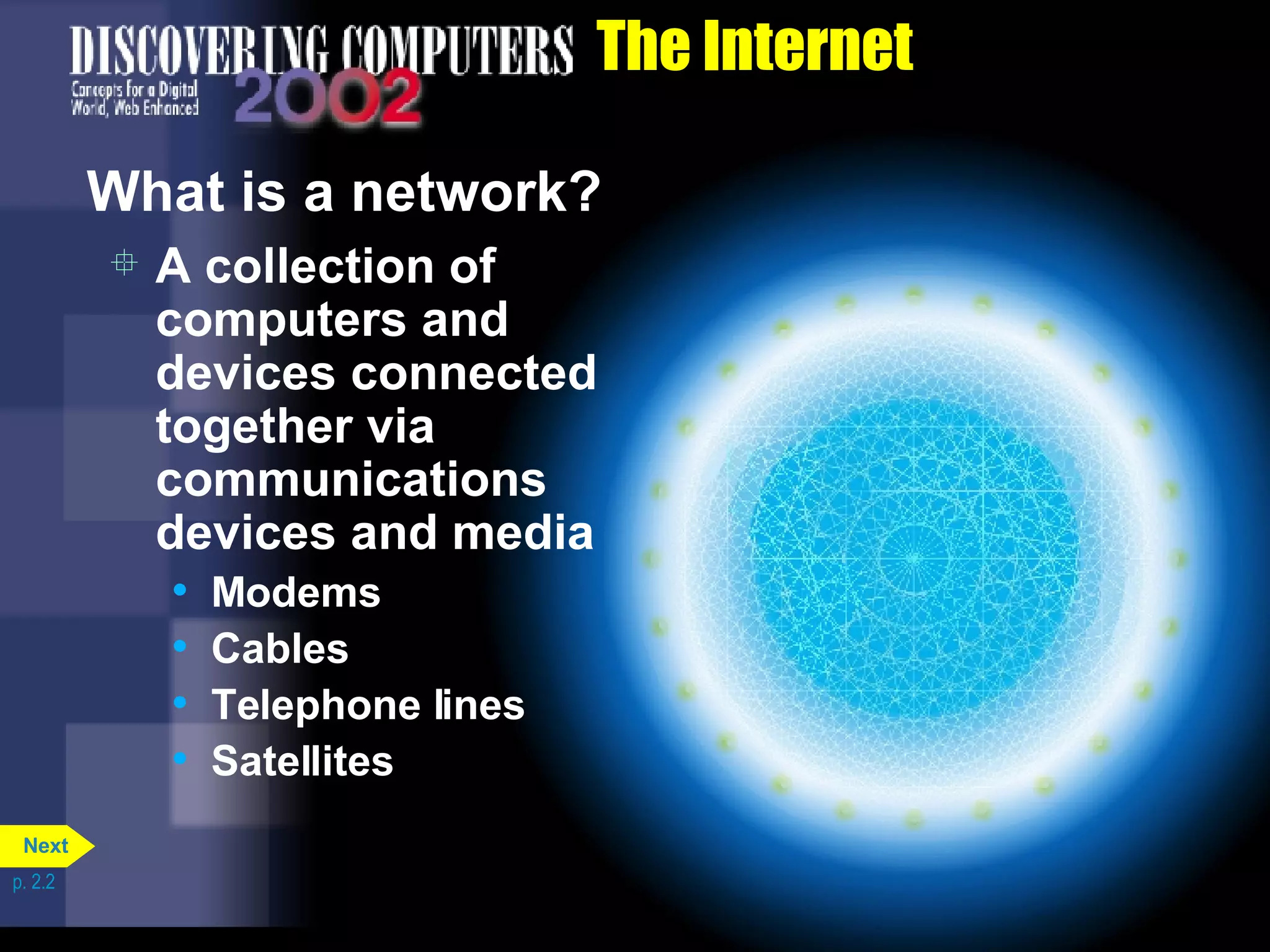 The Internet What is a network? A collection of computers and devices connected together via communications devices and media Modems Cables Telephone lines Satellites p. 2.2 Next 
