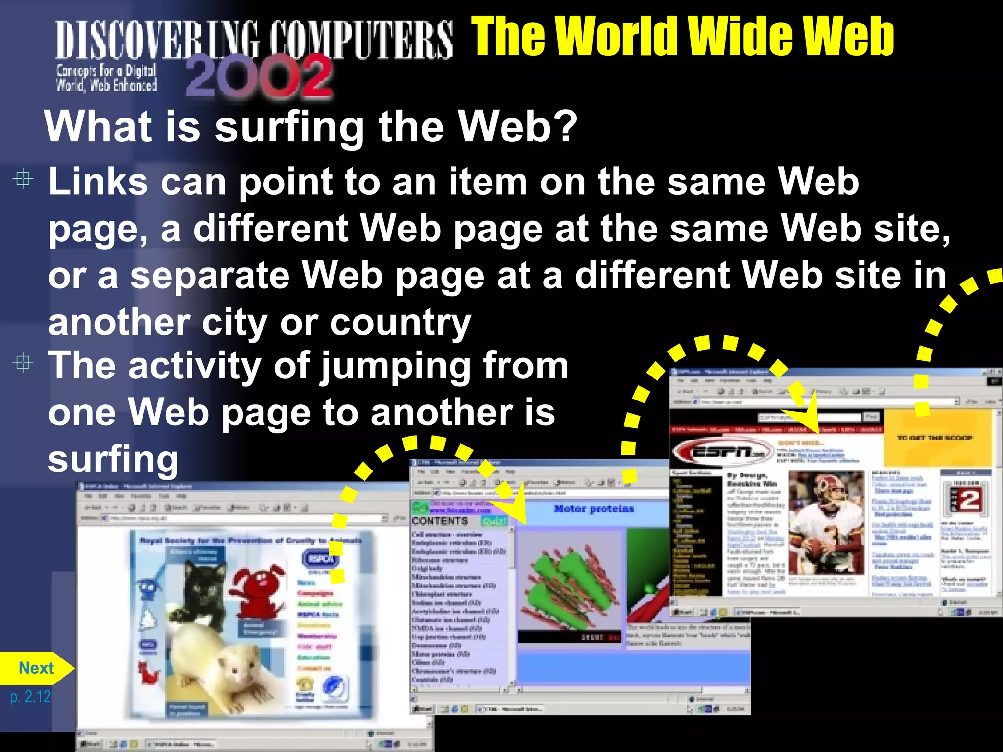 The World Wide Web What is surfing the Web? Links can point to an item on the same Web page, a different Web page at the same Web site, or a separate Web page at a different Web site in  another city or country The activity of jumping from one Web page to another is surfing p. 2.12 Next 