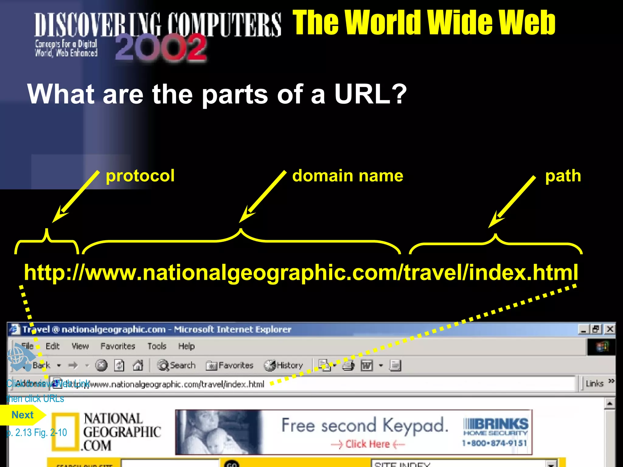 The World Wide Web What are the parts of a URL? Click to view Web Link then click URLs p. 2.13 Fig. 2-10 protocol domain name path http://www.nationalgeographic.com/travel/index.html Next 