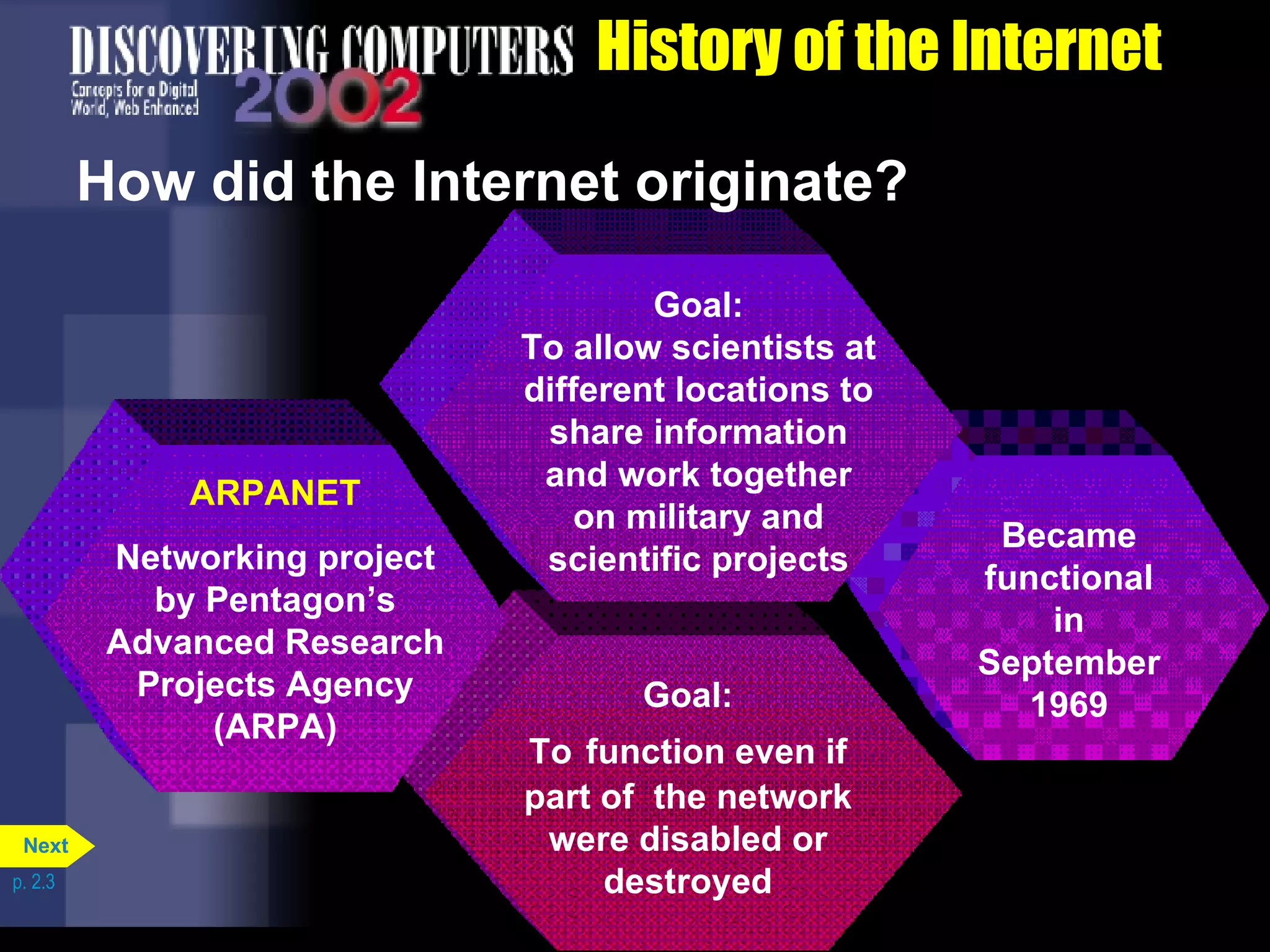 History of the Internet How did the Internet originate?  p. 2.3 Goal: To   function even if part of  the network were disabled or destroyed Became functional in September 1969 Goal: To allow scientists at different locations to share information and work together on military and scientific projects ARPANET Networking project by Pentagon&rsquo;s Advanced Research Projects Agency (ARPA) Next 