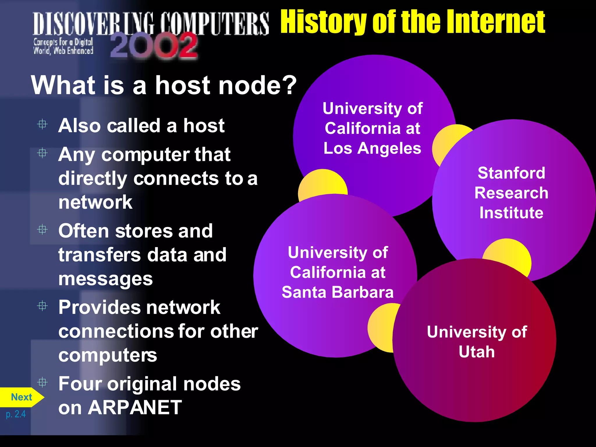 History of the Internet What is a host node? Also called a host Any computer that directly connects to a network Often stores and transfers data and messages Provides network connections for other computers Four original nodes on ARPANET University of California at Los Angeles University of California at Santa Barbara University of Utah Stanford Research Institute p. 2.4 Next 