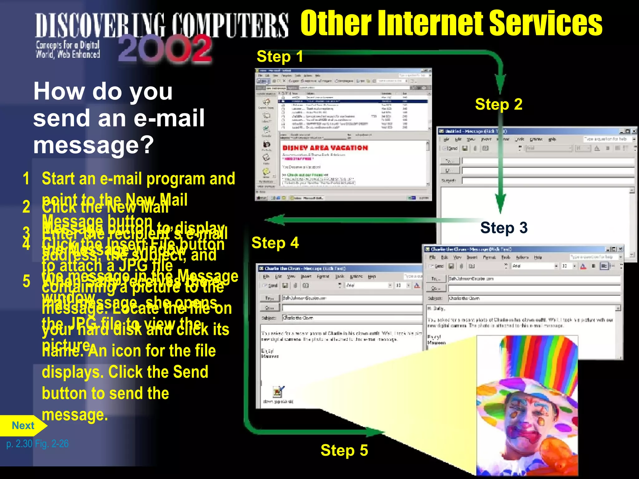 How do you send an e-mail message? Other Internet Services 1 Start an e-mail program and point to the New Mail Message button 2 Click the New Mail Message button to display the Message window 3 Enter the recipient&rsquo;s e-mail address, the subject, and the message in the Message window 4 Click the Insert File button to attach a JPG file containing a picture to the message. Locate the file on your hard disk and click its name. An icon for the file displays. Click the Send button to send the message. 5 When Sally receives the e-mail message, she opens the JPG file to view the picture. p. 2.30 Fig. 2-26 Step 1 Step 1 Step 2 Step 1 Step 2 Step 3 Step 1 Step 2 Step 3 Step 4 Step 1 Step 2 Step 3 Step 4 Step 5 Next 