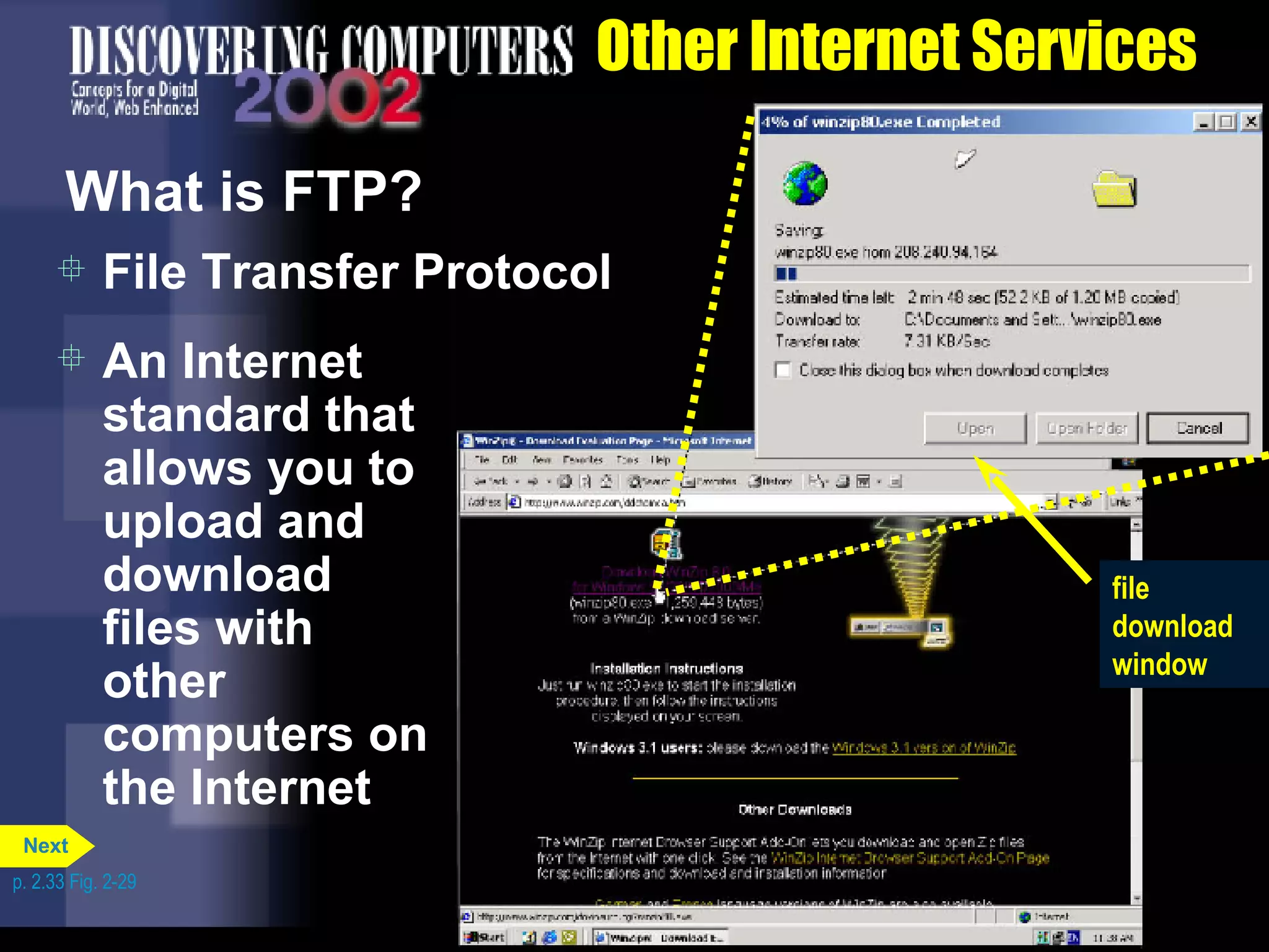Other Internet Services What is FTP? File Transfer Protocol An Internet standard that allows you to upload and download files with other computers on the Internet p. 2.33 Fig. 2-29 file download window Next 