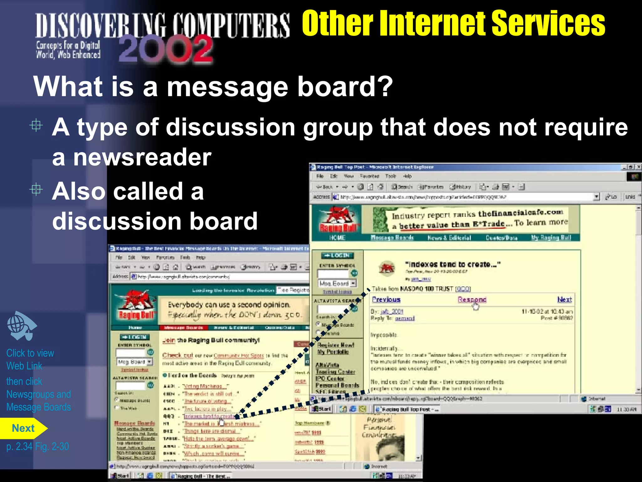 Other Internet Services What is a message board? A type of discussion group that does not require a newsreader Click to view Web Link then click  Newsgroups and  Message Boards Also called a discussion board p. 2.34 Fig. 2-30 Next 