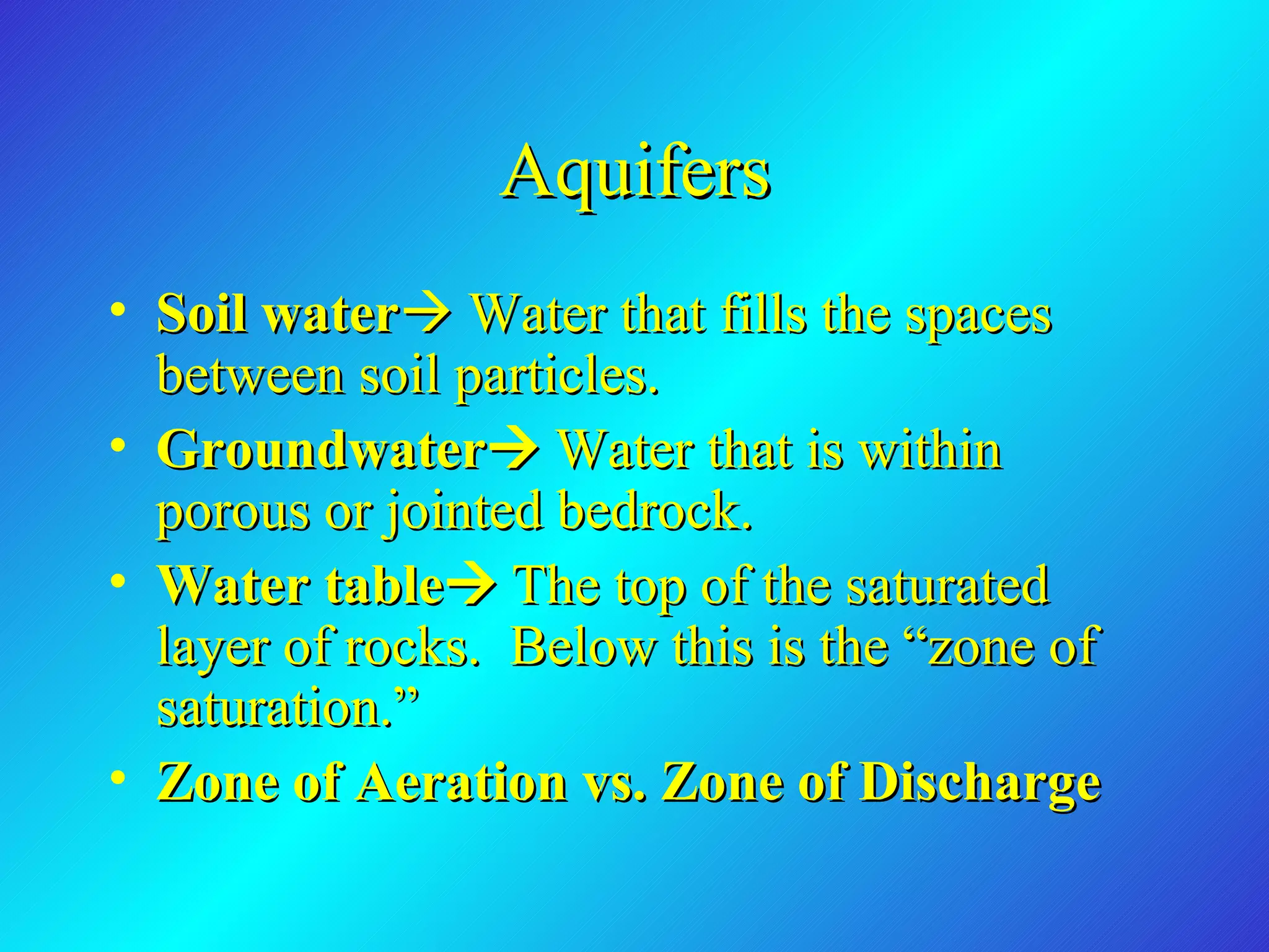Aquifers Soil water   Water that fills the spaces between soil particles. Groundwater    Water that is within porous or jointed bedrock. Water table    The top of the saturated layer of rocks.  Below this is the “zone of saturation.” Zone of Aeration vs. Zone of Discharge 