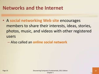 Networks and the Internet
• A social networking Web site encourages
members to share their interests, ideas, stories,
photos, music, and videos with other registered
users
– Also called an online social network

Page 10

Discovering Computers Fundamentals, 2011 Edition
Chapter 1

14

 