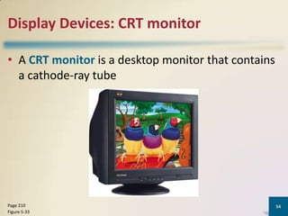 Display Devices: CRT monitor
• A CRT monitor is a desktop monitor that contains
a cathode-ray tube

Page 210
Figure 5-33

54

 