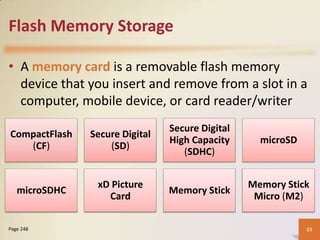 Flash Memory Storage
• A memory card is a removable flash memory
device that you insert and remove from a slot in a
computer, mobile device, or card reader/writer
CompactFlash
(CF)

Secure Digital
(SD)

Secure Digital
High Capacity
(SDHC)

microSDHC

xD Picture
Card

Memory Stick

Page 248

microSD

Memory Stick
Micro (M2)
23

 
