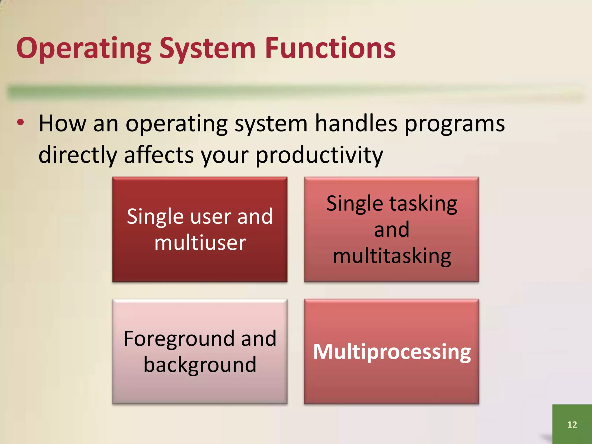 Operating System Functions
• How an operating system handles programs
directly affects your productivity
Single user and
multiuser

Single tasking
and
multitasking

Foreground and
background

Multiprocessing
12

 