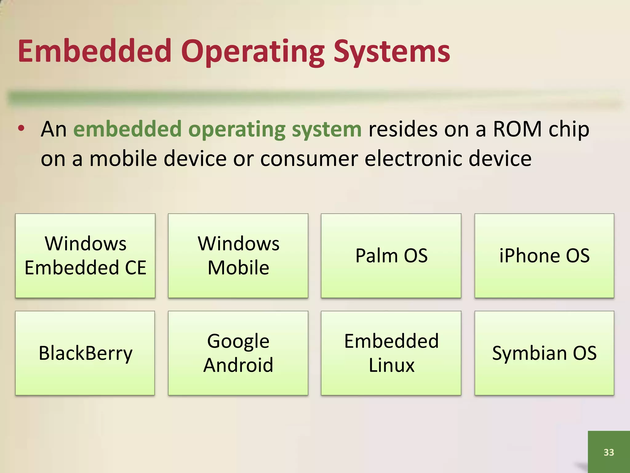 Embedded Operating Systems
• An embedded operating system resides on a ROM chip
on a mobile device or consumer electronic device

Windows
Embedded CE

Windows
Mobile

Palm OS

iPhone OS

BlackBerry

Google
Android

Embedded
Linux

Symbian OS

33

 