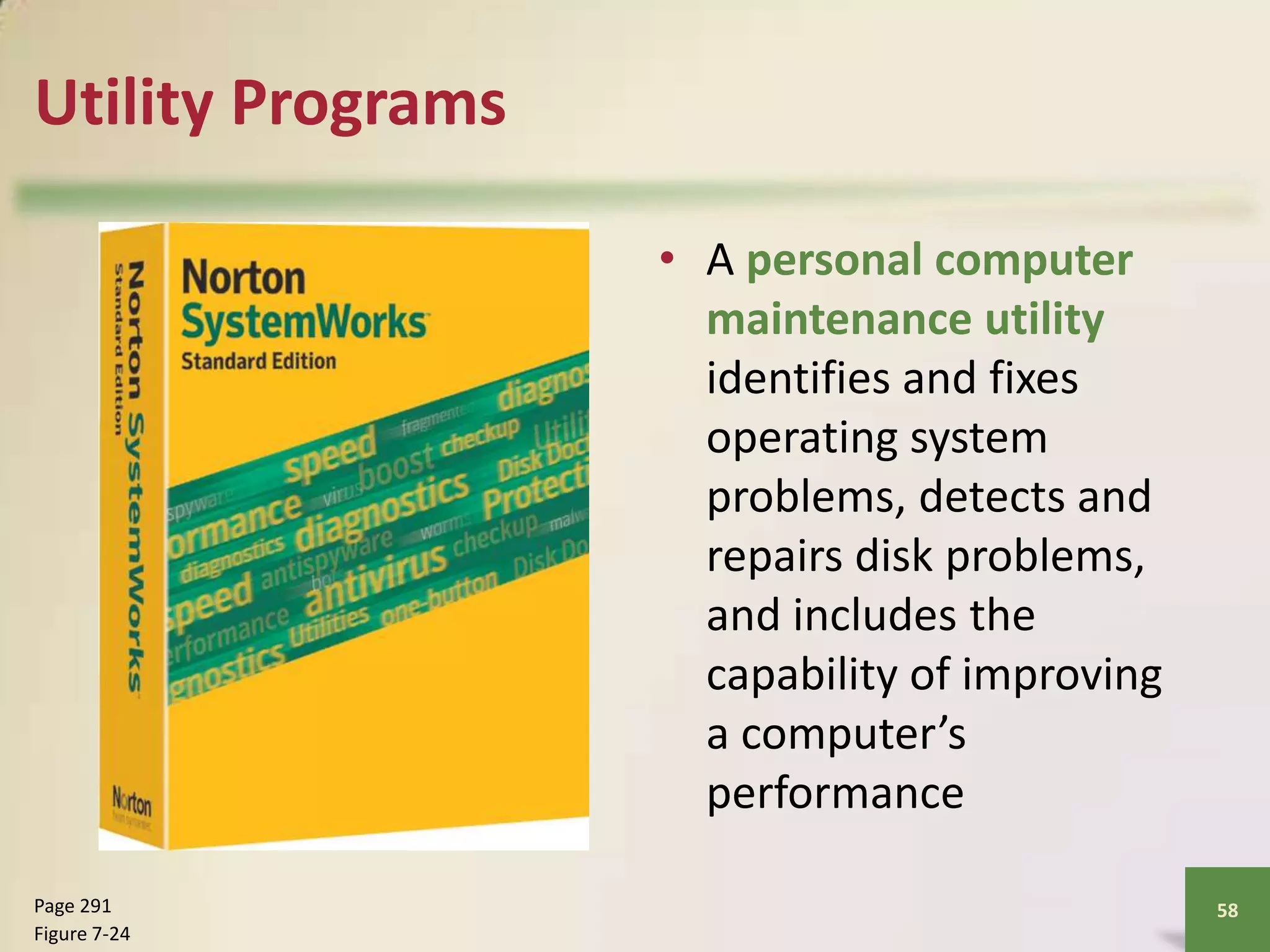 Utility Programs
• A personal computer
maintenance utility
identifies and fixes
operating system
problems, detects and
repairs disk problems,
and includes the
capability of improving
a computer’s
performance
Page 291
Figure 7-24

58

 