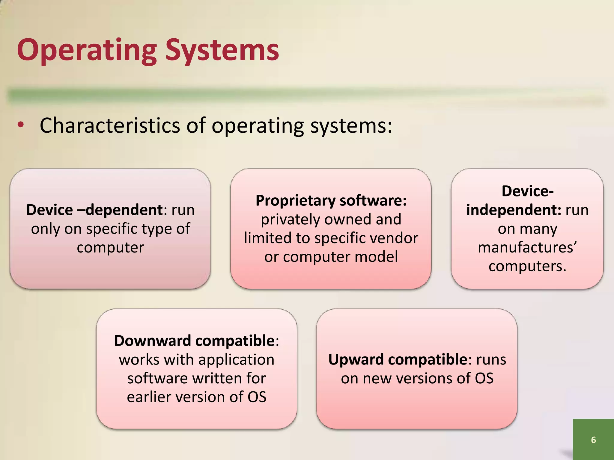 Operating Systems
• Characteristics of operating systems:

Device –dependent: run
only on specific type of
computer

Proprietary software:
privately owned and
limited to specific vendor
or computer model

Downward compatible:
works with application
software written for
earlier version of OS

Deviceindependent: run
on many
manufactures’
computers.

Upward compatible: runs
on new versions of OS

6

 