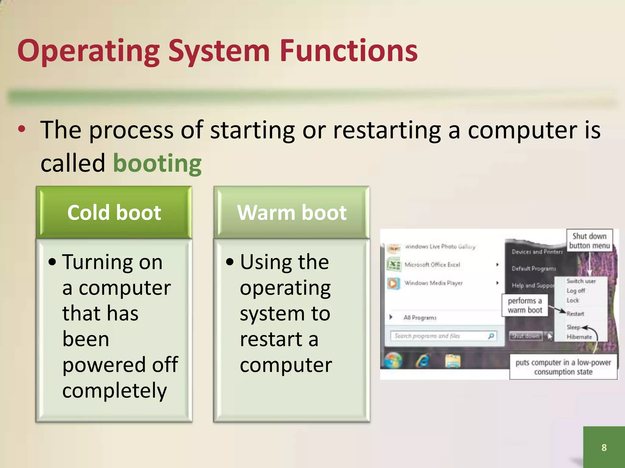 Operating System Functions
• The process of starting or restarting a computer is
called booting
Cold boot
• Turning on
a computer
that has
been
powered off
completely

Warm boot
• Using the
operating
system to
restart a
computer

8

 