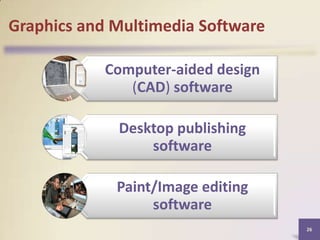 Graphics and Multimedia Software
Computer-aided design
(CAD) software

Desktop publishing
software
Paint/Image editing
software
26

 