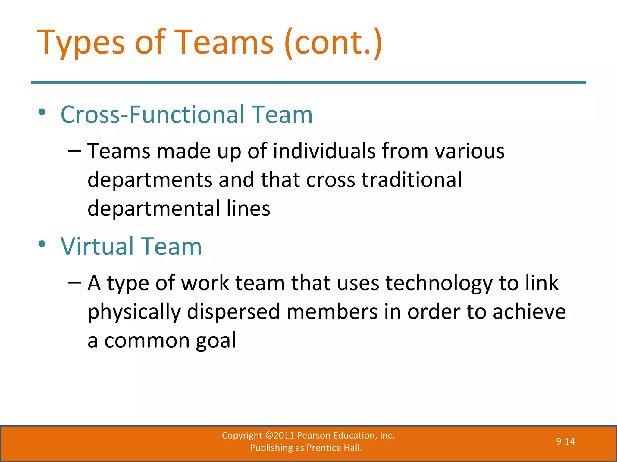 9-14
Types of Teams (cont.)
• Cross-Functional Team
– Teams made up of individuals from various
departments and that cross traditional
departmental lines
• Virtual Team
– A type of work team that uses technology to link
physically dispersed members in order to achieve
a common goal
Copyright ©2011 Pearson Education, Inc.
Publishing as Prentice Hall.
 
