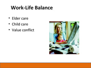 Work-Life Balance
• Elder care
• Child care
• Value conflict
 