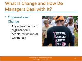 7-3
What Is Change and How Do
Managers Deal with It?
• Organizational
Change
– Any alteration of an
organization’s
people, structure, or
technology
Copyright ©2011 Pearson Education, Inc.
Publishing as Prentice Hall.
 
