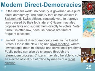 Modern Direct-Democracies
 In the modern world, no country is governed as a pure
direct democracy. The country that comes closest is
Switzerland. Swiss citizens regularly vote to approve
laws passed by their legislature. Citizens may also
propose laws and submit them directly to voters. Voter
turnout is often low, because people are tired of
frequent elections.
 Limited forms of direct democracy exist in the United
States. One is the New England town meeting, where
townspeople meet to discuss and solve local problems.
Public policy can also be changed through the
referendum process. Citizens may also be able to vote
an elected official out of office by means of a recall
election.
2.1
28
 