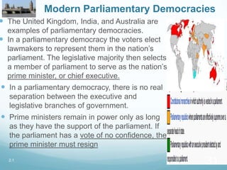 Modern Parliamentary Democracies
 The United Kingdom, India, and Australia are
examples of parliamentary democracies.
 In a parliamentary democracy the voters elect
lawmakers to represent them in the nation’s
parliament. The legislative majority then selects
a member of parliament to serve as the nation’s
prime minister, or chief executive.
 In a parliamentary democracy, there is no real
separation between the executive and
legislative branches of government.
 Prime ministers remain in power only as long
as they have the support of the parliament. If
the parliament has a vote of no confidence, the
prime minister must resign
2.1
31
 