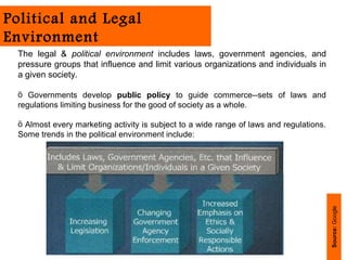 Political and Legal
Environment
 The legal & political environment includes laws, government agencies, and
 pressure groups that influence and limit various organizations and individuals in
 a given society.

 ö Governments develop public policy to guide commerce--sets of laws and
 regulations limiting business for the good of society as a whole.

 ö Almost every marketing activity is subject to a wide range of laws and regulations.
 Some trends in the political environment include:




                                                                                         Source: Google
 
