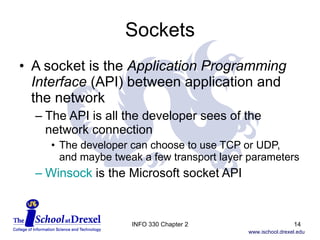 Sockets A socket is the  Application Programming Interface  (API) between application and  the network The API is all the developer sees of the  network connection The developer can choose to use TCP or UDP, and maybe tweak a few transport layer parameters Winsock  is the Microsoft socket API INFO 330 Chapter 2 