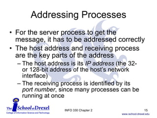 Addressing Processes For the server process to get the message, it has to be addressed correctly The host address and receiving process are the key parts of the address The host address is its  IP address  (the 32-  or 128-bit address of the host’s network interface) The receiving process is identified by its  port number , since many processes can be running at once INFO 330 Chapter 2 