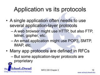 Application vs its protocols A single application often needs to use several application-layer protocols A web browser might use HTTP, but also FTP, telnet, gopher, etc. An email application might use POP3, SMTP, IMAP, etc. Many app protocols are defined in RFCs  But some application-layer protocols are proprietary INFO 330 Chapter 2 
