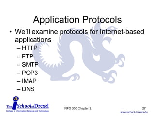 Application Protocols We’ll examine protocols for Internet-based applications HTTP FTP SMTP POP3 IMAP DNS INFO 330 Chapter 2 